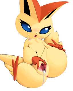 after_sex anthro anus big_butt blue_eyes blush bodily_fluids breasts butt butt_wings clitoris cum cum_in_vagina cum_inside dwarfism empty_eyes feet female foot_grab genital_fluids genitals looking_at_viewer nipples nude open_mouth pink_nipples simple_background smile solo spread_legs spread_vulva spreading sweat tan_body unusual_wing_placement urethra vulva white_background wings kumadori nintendo pokemon generation_5_pokemon legendary_pokemon pokemon_(species) victini hi_res