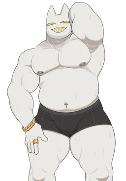 anthro belly big_muscles bodily_fluids bracelet bulge chain clothed clothing gold_(metal) gold_chain grey_clothing grey_underwear jewelry male muscular muscular_anthro muscular_male navel navel_piercing nipple_piercing nipples noseless overweight overweight_male pecs piercing pointy_ears ring sharp_teeth simple_background smile solo sweat teeth topless underwear white_background white_body white_skin yellow_eyes yellow_teeth oyasmis miya_(oyasmis) domestic_cat felid feline felis mammal hi_res