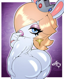 anthro areola big_butt biped blonde_hair blue_eyes breasts butt crown crown_only eyelashes female female_anthro fur hair headgear headgear_only looking_at_viewer looking_back nipples noseless nude pupils white_body white_fur renegade-157 mario_bros mario_plus_rabbids_sparks_of_hope nintendo raving_rabbids rayman_(series) ubisoft rabbid_rosalina lagomorph mammal rabbid absurd_res colored crossover digital_drawing_(artwork) digital_media_(artwork) hi_res