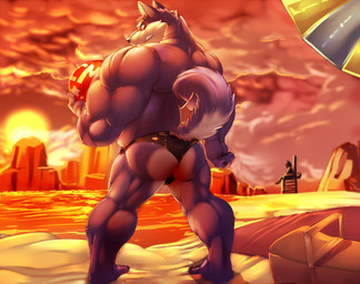 anthro ball barefoot basket beach biceps black_nose brown_eyes butt chair clenched_teeth clothed clothing cloud container detailed_background duo feet fur furniture grey_body grey_fur holding_ball holding_object looking_at_viewer male manly mature_anthro mature_male muscular muscular_arms muscular_male pose presenting rear_view sand sea seaside sky speedo standing star sunset swimwear teeth topless umbrella water komboochie kinimus canid canine canis mammal wolf