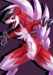 anthro anthrofied black_nose claws female fur navel open_mouth purple_background purple_eyes red_body red_fur simple_background solo spread_legs spreading standing tongue tongue_out white_body white_fur wide_stance hopping4 nintendo pokemon canid generation_7_pokemon lycanroc mammal midnight_lycanroc pokemon_(species) 2016