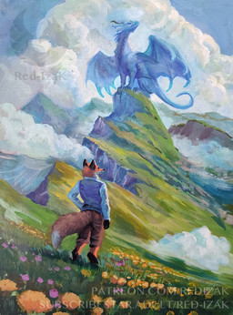 ambiguous_feral ambiguous_gender anthro biped black_body black_fur blue_body blue_scales cloud day detailed_background digitigrade dipstick_tail duo feral flower fluffy fluffy_tail fur grass horn male male_anthro markings membrane_(anatomy) membranous_wings mountain orange_body orange_fur outside plant quadruped scales sky tail tail_markings white_body white_fur wings red-izak european_mythology mythology canid canine dragon fox mammal mythological_creature mythological_scalie red_fox scalie true_fox western_dragon 2025 acrylic_painting_(artwork) painting_(artwork) traditional_media_(artwork) traditional_painting_(artwork) watermark