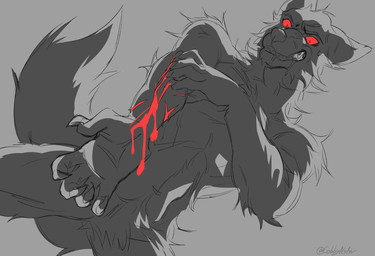 anthro arm_tuft bared_teeth blood bodily_fluids cheek_tuft drooling elbow_tuft facial_tuft front_view male male_anthro navel nude saliva scratching self-harm shoulder_tuft simple_background solo tail tuft wounded cobu canid canine mammal hi_res partially_colored signature