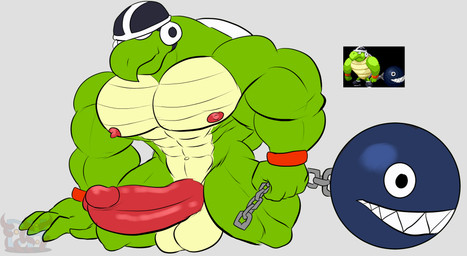 4_fingers abs anthro areola armband armor balls barazoku beak biceps big_balls big_muscles big_pecs big_penis chain erect_nipples erection fingers genitals green_body grey_background headgear headgear_only helmet helmet_only holding_chain holding_object huge_muscles huge_pecs huge_penis humanoid_genitalia humanoid_penis kneeling logo male mostly_nude mostly_nude_anthro mostly_nude_male mouth_closed muscular navel nipples no_irises no_pupils pecs penis quads red_areola red_armband red_nipples red_penis shell simple_background solo thick_neck triceps daikuhiroshiama mario_and_luigi_(series) mario_bros nintendo superstar_saga bro_(koopa) chain_chomp chomp_bro koopa reptile scalie sphere_creature turtle 2026 artist_logo hi_res watermark