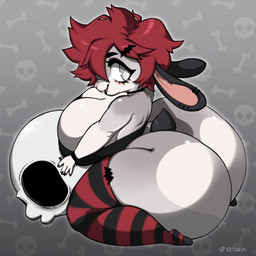 anthro bat_accessory big_breasts big_butt bone breasts butt choker cleavage clothed clothing ear_piercing eyelashes female gradient_background hair huge_breasts huge_butt jewelry kneeling legwear looking_back necklace open_mouth open_smile pattern_background pattern_clothing pattern_legwear pattern_stockings piercing red_hair simple_background skull smile solo stockings striped_clothing striped_legwear striped_stockings stripes vetarix frankie_(vetarix) lagomorph leporid mammal rabbit 1:1 absurd_res hi_res