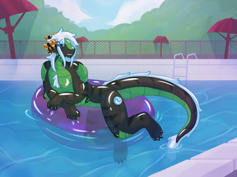 anthro claws hair horn inflatable lying male on_front pool_float solo swimming_pool tail k0tarii mythology azael_dragonfang animate_inanimate dragon living_inflatable mythological_creature mythological_scalie scalie hi_res