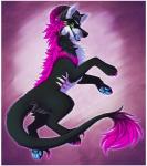 black_body black_fur black_sclera blue_pawpads curved_horn feral fur green_eyes hair horn open_mouth pawpads pink_hair simple_background solo teeth tongue citrinelle canid canine hybrid mammal 2016 digital_media_(artwork) hi_res