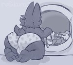 anthro appliance bulge butt clothed clothing feet laundry laundry_machine male partially_clothed solo underwear rofakuro kuro_(rofakuro) humanoid lagomorph leporid mammal rabbit monochrome