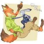 alpachiiino anthro brand carrot clothed clothing duo female food fur grey_body grey_fur long_ears male necktie necktie_grab orange_body orange_fur pen plant police police_uniform sitting size_difference uniform vegetable disney zootopia judy_hopps nick_wilde canid canine fox lagomorph leporid mammal rabbit red_fox true_fox 1:1