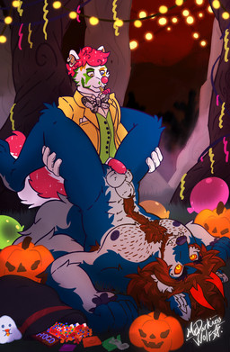 animal_genitalia anthro balloon balls body_hair clown clown_costume clown_makeup clown_nose clown_paint decoration duo genitals glowing glowing_eyes horn inflatable jack-o'-lantern male male/male muscular sheath small_top_big_bottom mrdarknesswolf mythology mrdarknesswolf_(character) canid canine canis demon hybrid mammal mephitid mythological_canine mythological_creature skunk werecanid werecanine werecreature werewolf wolf absurd_res hi_res