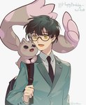 anthro backpack black_eyes black_hair blush chibifur clothing duo eyewear glasses hair horn long_ears male necktie prehensile_ears school_uniform uniform lanllan bandai_namco digimon digimon_survive lopmon_(survive) shuuji_kayama digimon_(species) human lopmon mammal