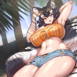 beach beach_chair big_breasts black_body black_fur black_hair black_tail black_tail_tip blue_bottomwear blue_clothing blue_eyes blue_hotpants blue_shorts bottomwear breasts clothed clothing curvy_figure cute_fangs cutoffs day denim denim_bottomwear denim_clothing detailed_background dipstick_tail eyelashes eyewear eyewear_on_head female female_humanoid fluffy fluffy_tail front_view fully_clothed fur hair hand_behind_head heterochromia hotpants huge_breasts inner_ear_fluff light_body light_skin long_hair looking_at_viewer markings midriff multicolored_body multicolored_ears multicolored_fur multicolored_hair multicolored_tail navel one_fang open_mouth open_smile orange_clothing orange_shirt orange_topwear outside pale_skin palm_tree plant pupils reclining sand shirt shorts sitting sky smile solo star_sunglasses sunglasses sunglasses_on_head tail tail_markings thick_thighs three-quarter_view topwear tree tube_top tuft two_tone_body two_tone_ears two_tone_fur two_tone_hair two_tone_tail voluptuous white_body white_fur white_hair white_inner_ear white_inner_ear_fluff white_tail wide_hips yellow_eyes mo23 kemono_friends grey_wolf_(kemono_friends) animal_humanoid canid canid_humanoid canine canine_humanoid humanoid mammal mammal_humanoid wolf_humanoid 1:1 colored digital_media_(artwork) hi_res portrait shaded signature three-quarter_portrait