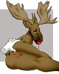 2015 ambiguous_gender anthro antlers anus ball_gag bdsm bedroom_eyes bound brown_body brown_fur ch40t1c deer digital_media_(artwork) disembodied_hand duo female female/ambiguous fur gag gagged gagged_drooling genitals hi_res horn mammal moose narrowed_eyes new_world_deer pussy seductive shaded simple_background solo_focus spread_pussy spreading