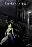 anthro blonde_hair blue_bottomwear blue_clothing blue_pants bottomwear clothing fur graffiti grey_body grey_fur hair jacket male pants series_title solo text topwear yellow_clothing yellow_jacket_(clothing) yellow_topwear vahnfox heathen_city owen_zelazny canid canine canis mammal wolf english_text signature