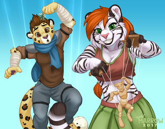 anthro body_control brown_eyes brown_hair clothed clothing duo female fur green_eyes hair male markings mind_control puppet red_hair scarf simple_background smile spots spotted_body spotted_fur chibi-marrow ash_(ashkelling) keilani felid leopard mammal pantherine tiger