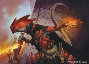 anthro armor black_cape black_clothing cape clothing dagger elemental_manipulation fire fire_manipulation holding_dagger holding_melee_weapon holding_object holding_weapon male melee_weapon red_armor red_helmet solo tail weapon wayne_reynolds hasbro magic:_the_gathering wizards_of_the_coast reptile scalie 2023 official_art traditional_media_(artwork)