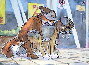 all_fours ambiguous_gender ambiguous_penetrated ambiguous_penetration balls bite black_body black_fur bodily_fluids brown_body brown_eyes brown_fur brown_hair clothing detailed_background doggystyle drooling duo feral feral_on_feral feral_penetrated feral_penetrating from_behind_position fur genital_fluids genitals hair hat headgear headwear leash male male/ambiguous male_penetrating mating_bite mating_grip motion_lines nude open_mouth outside penetration penile penile_penetration plant quadruped red_body red_fur saliva sex submissive tail teeth text tongue tongue_out wearing_hat white_body white_fur ultranidd bernese_mountain_dog canid canine canis domestic_dog fox mammal molosser mountain_dog red_fox swiss_mountain_dog true_fox absurd_res german_text hi_res painting_(artwork) traditional_media_(artwork) traditional_painting_(artwork) traditional_watercolor_(artwork) translated watercolor_(artwork) female_(lore)