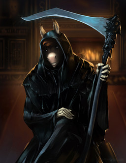 anthro black_clothing black_robe blue_eyes brown_hair clothed clothing fireplace front_view fur glistening glistening_eyes hair holding_melee_weapon holding_object holding_polearm holding_scythe holding_weapon inside looking_at_viewer male male_anthro melee_weapon polearm robe scythe short_hair sitting solo text weapon white_body white_fur satanic_monkey cass_(jackmeehan) equid equine horse mammal artist_name hi_res url
