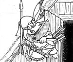 2017 3_toes 4_fingers ambiguous_gender anthro armor arrow_(weapon) belt black_and_white buckteeth cheek_tuft clothing doorway facial_tuft feet fingers frown fur headgear helmet holding_object holding_weapon labjer lagomorph leporid mammal medieval melee_weapon monochrome one_ear_up open_door open_frown open_mouth quiver_(object) rabbit ranged_weapon running sheathed_sword sheathed_weapon shirt short_sword solo sword teeth toes topwear traditional_media_(artwork) tuft tunic weapon white_body white_fur