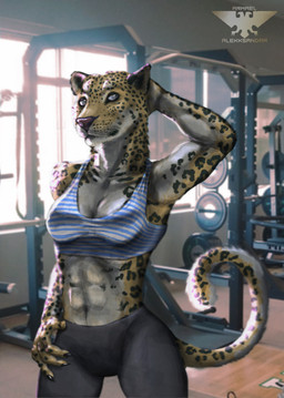 abs anthro athletic bottomwear bra breasts claws cleavage clothed clothing exercise female fur grey_eyes gym hand_behind_head inside looking_at_viewer markings muscular muscular_anthro muscular_female navel pants raised_arm solo sports_bra spots spotted_body spotted_fur underwear whiskers workout yoga_pants alekksandar conditional_dnp felid leopard mammal pantherine hi_res