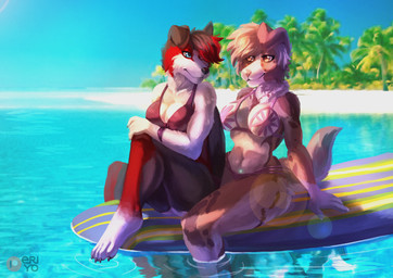 4_toes 5_fingers anthro beach bikini black_body black_fur black_hair black_nose blue_eyes breasts brown_body brown_fur brown_hair claws clothed clothing detailed_background duo eye_contact feet female fingers fur hair lens_flare looking_at_another markings outside patreon_logo paws plant red_body red_fur seaside sitting sky smile spots spotted_body spotted_fur surfboard swimwear text toes tree two-piece_swimsuit vehicle water watercraft white_body white_fur yellow_eyes eri-yo patreon kim_greenwitch border_collie canid canine canis collie domestic_dog herding_dog mammal pastoral_dog sheepdog 2019 absurd_res character_request digital_media_(artwork) hi_res huge_filesize