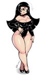 big_breasts black_hair breasts cleavage clothed clothing cyclops female hair hi_res humanoid latex leotard long_hair looking_at_viewer not_furry open_mouth rivy_k simple_background solo thick_thighs white_background wide_hips