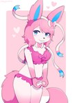 anthro anthrofied big_tail biped blue_eyes blush bow_(anatomy) bow_(feature) bow_bra bow_panties bow_underwear bra bracelet clothed clothing eeveelution eyelashes female fluffy fluffy_tail frilly generation_6_pokemon gesture hair hand_heart heart_symbol hi_res jewelry lingerie markings milkychocoflan nintendo panties pink_bra pink_clothing pink_hair pink_lingerie pink_markings pink_panties pink_underwear pokemon pokemon_(species) ribbons_(anatomy) ruffled_bra ruffled_panties short_hair simple_background smile solo sylveon tail underwear underwear_only white_body