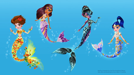 bikini bikini_top blue_clothing breasts brown_body brown_hair brown_skin bubble clothing female fin flower freckles gem glistening glistening_body glistening_hair gold_(metal) gold_jewelry group hair jewelry long_hair metallic_body midriff plant ponytail scales split_form swimwear tail tail_fin text two-piece_swimsuit underwater water emery_miller mermaid_world amethyst_mermaid_(mermaid_world) opalescent_mermaid_(mermaid_world) aquatic humanoid merfolk english_text hi_res official_art