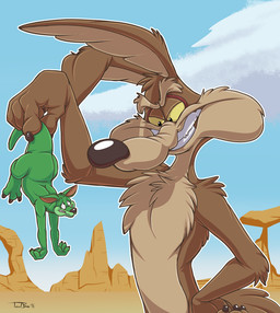 3_toes 4_fingers anthro biped black_claws black_finger_claws black_nose black_toe_claws brown_body brown_fur claws closed_smile cloud countershade_face countershade_fur countershade_torso countershading day detailed_background duo extreme_size_difference eye_contact eyebrows feet finger_claws fingers fur green_body green_fur grin humanoid_hands larger_anthro larger_male lifted lifted_by_tail lifting_another long_ears looking_at_another macro male male_anthro micro mouth_closed multicolored_body multicolored_fur narrowed_eyes nude nude_anthro nude_male outside pink_inner_ear size_difference sky smaller_anthro smaller_male smile smiling_at_another tail tan_body tan_countershading tan_eyebrows tan_fur tan_inner_ear teeth toe_claws toes toony two_tone_body two_tone_fur upside_down yellow_sclera teaselbone looney_tunes warner_brothers duncan_roo wile_e._coyote canid canine canis coyote kangaroo macropod mammal marsupial 2015 digital_drawing_(artwork) digital_media_(artwork) shaded signature