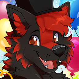 anthro balloon clothing fur hair hat headgear headwear inflatable inner_ear_fluff looking_at_viewer male open_mouth open_smile smile solo tuft rindeadsong canid canine canis mammal wolf 1:1