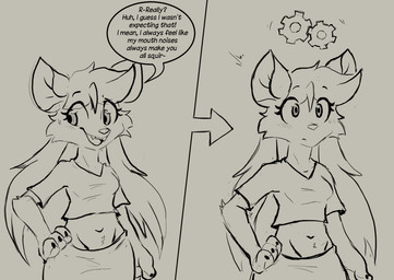 anthro bodily_fluids bottomwear claws clothed clothed_anthro clothed_female clothing crop_top dialogue female fully_clothed fully_clothed_anthro fully_clothed_female gear hair long_hair pigtails realization shirt skirt solo speech_bubble stuttering sweat sweatdrop text thought topwear twintails_(hairstyle) muhny chloe_(muhny) domestic_cat felid feline felis mammal english_text sketch