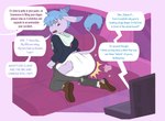 anthro arms_bent blue_hair blush blush_lines bottomwear bottomwear_down brown_clothing brown_footwear brown_shoes butt car caught clothed clothing computer detailed_background diaper ears_back electronics feces footwear fur group hair hoodie humiliation inside_car inside_vehicle kneeling looking_back male offscreen_character one_eye_closed open_mouth pants pants_down partially_clothed pivoted_ears plantigrade pooping presenting presenting_hindquarters purple_body purple_eyes purple_fur rear_view shoes soiled_diaper soiling soiling_diaper solo_focus speech_bubble surprise tail tail_tuft text topwear tuft unclean_diaper used_diaper vehicle video_call bubblepuppers aggretsuko sanrio tadano_(aggretsuko) asinus donkey equid equine mammal english_text full-length_portrait hi_res portrait