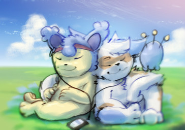 anthro blue_sky cloud duo electronics eyes_closed fur grass grass_field head_on_shoulder lens_flare male male/male multicolored_body multicolored_fur plant portable_music_player sky skyscape smile tail unusual_anatomy unusual_tail white_body white_fur yellow_body yellow_fur stampmats apple_inc. ipod hi_res