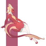 anthro breasts butt claws clothing eyelashes featureless_breasts featureless_crotch female horn jewelry legwear purple_eyes red_body red_scales scales simple_background solo tail thigh_highs toe_claws shycryptid mythology pyrexia dragon mythological_creature mythological_scalie scalie hi_res