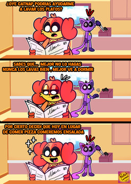 anthro cross-popping_vein duo knife male newspaper orange_body purple_body reading tail text white_eyes rocketlennon family_guy mob_entertainment poppy_playtime smiling_critters catnap_(poppy_playtime) dogday_(poppy_playtime) canid canine canis domestic_cat domestic_dog felid feline felis mammal absurd_res comic hi_res spanish_text
