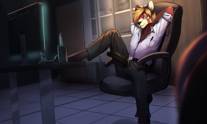 anthro belt black_nose black_penis blonde_hair clothed clothing computer electronics erection eyewear fully_clothed fur genitals glasses hair half-closed_eyes hands_behind_head humanoid_genitalia humanoid_penis looking_at_viewer male narrowed_eyes office penis penis_poking_out penis_through_fly presenting presenting_penis raised_leg red_body red_fur seductive sitting smile solo o.z.y. vin_hannon_(fuoren286) ailurid mammal red_panda 5:3