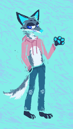 anthro blue_background blue_body blue_bottomwear blue_clothing blue_fur blue_jeans blue_pants bottomwear clothing cropped_hoodie denim denim_bottomwear denim_clothing fur hoodie jeans male pants pink_clothing pink_hoodie pink_topwear simple_background solo topwear demensa emil_(demensa) canid canine canis coyote domestic_dog mammal 2023 4:7 digital_media_(artwork) full-length_portrait hi_res pixel_(artwork) portrait