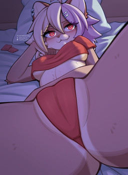 anthro bra breasts camel_toe clothed clothing condom fangs female fur genital_focus hair multicolored_body multicolored_fur multicolored_hair panties red_clothing red_eyes sexual_barrier_device smile solo teeth two_tone_body two_tone_fur two_tone_hair underwear vulva_focus tuma_tt dun_dun domestic_ferret mammal mustelid musteline true_musteline weasel absurd_res hi_res