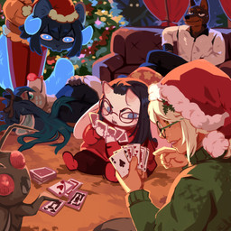 anthro big_ears black_hair blonde_hair blue_eyes blue_hair brown_body brown_fur card clothed clothing female feral fur grey_body grey_fur group hair inside lying male notched_ear on_back playing_card red_eyes sitting tan_body tan_skin white_body yellow_eyes corzh77 lethal_company arthropod canid canine canis domestic_dog felid hoarding_bug_(lethal_company) human mammal species_request 1:1 hi_res