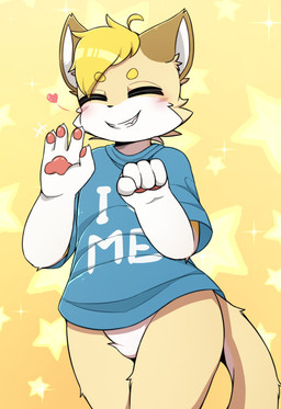 4_fingers anthro biped black_nose blue_clothing blue_shirt blue_t-shirt blue_topwear blush bottomless brown_body brown_ears brown_fur cheek_tuft claws clothed clothing eyes_closed facial_tuft featureless_crotch fingers fur grin heart_symbol male pattern_background pawpads pink_pawpads shirt simple_background smile solo standing star-shaped_background star_polygon t-shirt tan_body tan_fur teeth topwear tuft white_body white_fur kimacats domestic_cat felid feline felis mammal 2021 hi_res