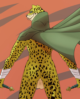 anthro armor backsack balls butt cape cape_only clothing cuff_(restraint) dagger dual_wielding gauntlets genitals gloves green_cape green_clothing handwear holding_dagger holding_melee_weapon holding_object holding_weapon licking licking_lips looking_at_viewer looking_back male melee_weapon mostly_nude nude rear_view restraints solo tongue tongue_out weapon whiskers wrist_cuffs reagan700 ose_(megami_tensei) felid leopard mammal pantherine 2022 hi_res