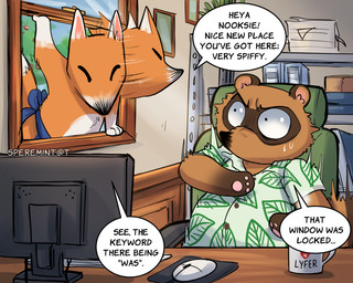 aloha_shirt anthro belly bodily_fluids brown_body brown_fur clothing computer detailed_background dialogue duo electronics fur male male_anthro motion_blur motion_lines pattern_clothing pattern_shirt pattern_topwear scared shirt sitting slightly_chubby speech_bubble sweat text topwear window speremint animal_crossing nintendo crazy_redd tom_nook_(animal_crossing) canid canine fox mammal raccoon_dog tanuki 2020 5:4 comic english_text hi_res signature