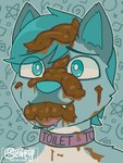 abstract_background anthro blue_background blue_body blue_eyes blue_fur blue_hair collar cute_fangs eating_feces facial_tuft fangs feces feces_in_hair feces_in_mouth feces_on_body feces_on_face fur hair male outline scatplay simple_background solo teeth text tongue tongue_out tuft white_body white_fur white_outline scaty canid canine canis mammal wolf 3:4 artist_name portrait