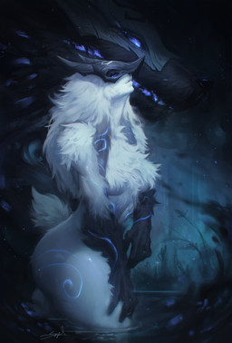 anthro black_body black_fur blue_markings breasts chest_tuft duo featureless_breasts female female_anthro feral fluffy fur glowing glowing_eyes glowing_markings glowing_mouth male markings mask nude nude_anthro partially_submerged short_tail standing tail thick_thighs tuft white_body white_fur sophyucha league_of_legends riot_games tencent kindred_(lol) lamb_(lol) wolf_(lol) bovid canid canine canis caprine mammal sheep wolf absurd_res hi_res