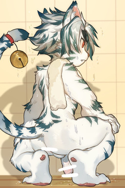 accessory anthro backsack balls bell black_eyebrows blue_body blue_fur blue_hair blue_stripes butt censor_bar claws crouching cute_fangs eyebrows fangs finger_claws flaccid floor foreskin frown fur furgonomics genitals glans hair humanoid_genitalia humanoid_penis inner_ear_fluff kemono looking_aside male markings multicolored_body multicolored_fur multicolored_hair nude pawpads penis pink_glans pink_nose pink_pawpads plantigrade raised_tail rear_view red_eyes shadow shota solo striped_body striped_fur striped_markings striped_tail stripes tail tail_accessory tail_markings teeth thick_eyebrows tile tile_wall toe_claws towel towel_on_shoulder tuft two_tone_body two_tone_fur two_tone_hair two_tone_tail wall_(structure) wet wet_body wet_fur wet_hair white_balls white_body white_claws white_fur white_hair wood wood_floor young young_anthro young_male milkybot onmyou_taisenki kogenta_(onmyou_taisenki) felid mammal pantherine tiger 2021 absurd_res censored hi_res