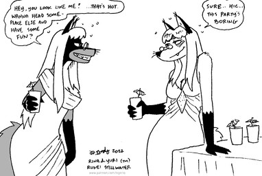 alcohol beverage breasts bubble cleavage clothed clothing dialogue dress drunk drunk_bubble duo eyewear female fur glasses gloves_(marking) hair markings substance_intoxication text whiskers tegerio rina_(runei) yuri_(runei) canid canine fox mammal 2022 english_text monochrome herm_(lore)
