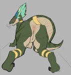 all_fours anthro anus blush breasts butt female genitals green_body grey_background looking_back nipples nude nude_anthro nude_female presenting presenting_hindquarters pussy rear_view simple_background solo thick_thighs cowhour dinosaur prehistoric_species reptile scalie