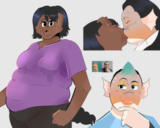 5_fingers alternate_species anthro belly_rolls bent_arm black_bottomwear black_clothing black_eyebrows black_eyes black_hair black_pants black_tail blue_clothing blue_highlights blue_shirt blue_topwear blush blush_lines bodily_fluids bottomwear breasts brown_body brown_fur chubby_cheeks closed_frown clothing curled_tail duo ear_fins ear_piercing eyebrows eyes_closed female female_anthro fin fingers fist floppy_ears frown frowning_at_viewer fur furrification grey_background hair highlights_(coloring) interspecies kiss_on_lips kissing light lips looking_at_viewer love male male/female male_anthro medium_breasts mouth_closed multicolored_body multicolored_hair multicolored_skin noseless obese obese_anthro orange_body orange_lips orange_skin overweight overweight_anthro pants piercing shirt short_hair simple_background standing sweat sweaty_clothing sweaty_shirt sweaty_topwear tail thick_thighs topwear two_tone_hair wolflly10 real_world aquatic canid canine canis catfish domestic_dog fish mammal 2024 absurd_res colored digital_drawing_(artwork) digital_media_(artwork) hi_res lighting multiple_images redraw reference_image shaded spanish_description
