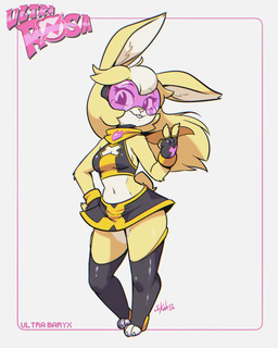 4_fingers anthro boots bottomwear buckteeth clothing eyewear female fingerless_gloves fingers footwear fur gesture gloves goggles goggles_on_face hair hand_gesture handwear kerchief long_hair miniskirt pose scut_tail shoes short_tail skirt solo tail teeth v_sign yellow_body yellow_fur senorkah ultra_rosa maryx_(senorkah) lagomorph leporid mammal rabbit hi_res