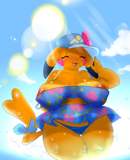 accessory anthro areola areola_slip baseball_cap beach belly blush blush_stickers blushing_profusely bottomwear bow_ribbon breasts butt butt_from_the_front camel_toe cleavage clothed clothing crop_top day eyes_closed female floral_print flower_on_head furgonomics gesture hat headgear headwear lens_flare mature_female nipple_outline nipple_slip off_shoulder open_mouth open_smile outside partially_submerged red_areola ribbons sagging_breasts sarong shadow shirt skirt slightly_chubby smile smiling_at_viewer solo standing sun suntan swimwear tail tail_accessory tail_bow tail_ribbon tan_line thick_thighs topwear two-piece_swimsuit water waving waving_at_viewer wet wide_hips elpatrixf nintendo pokemon pokemon_winds_and_waves ms._wavychu generation_1_pokemon mammal pikachu pokemon_(species) rodent 2026 hi_res